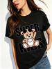 Women Hip Hop Chain Sunglasses Bear Super Kids Letter Graphic T Shirt Round Neck Short Sleeve Loose Streetwear Summer Tops_ecoleips.com