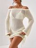 Women Soft Skin-Friendly Breathable Hollow Knit Cover Up Dress Off Shoulder Flare Long Sleeve Loose Drawstring Side Mini Knit Tunic_ecoleips.com
