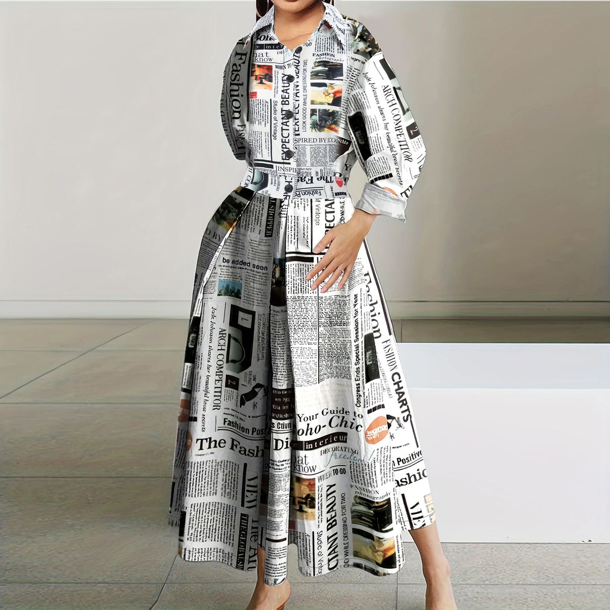 Women's Clothing Temperament Printed Single Breasted Slit Shirt Long Dress_ecoleips.com