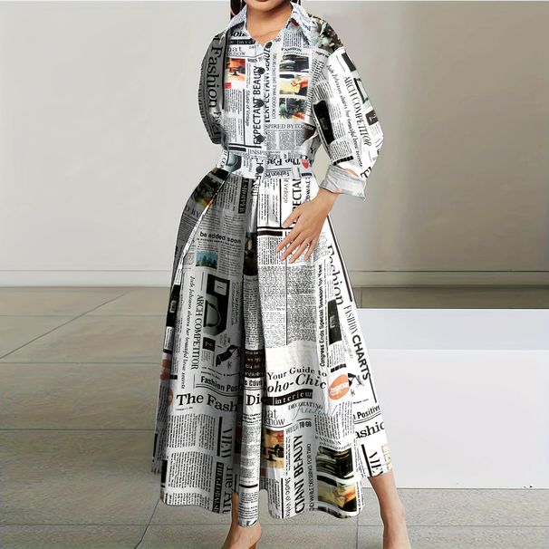 Women's Clothing Temperament Printed Single Breasted Slit Shirt Long Dress_ecoleips.com