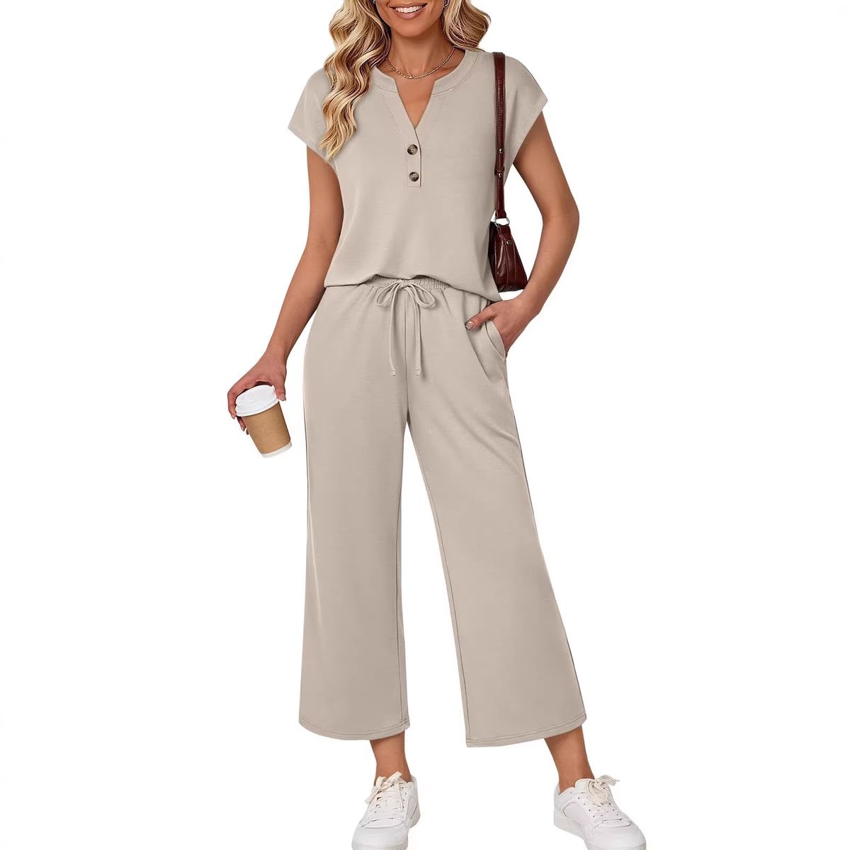 Women's Casual Two-Piece Outfit – Stylish Short Sleeve T-Shirt & Cropped Pants Set For Spring, Beach Vacation & Cruise Wear_ecoleips.com