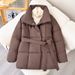 Women's Mid-Length Belted Puffer Coat Winter Fashion Outerwear – Slim Fit With Detachable Hood, Black/White/Coffee_ecoleips.com