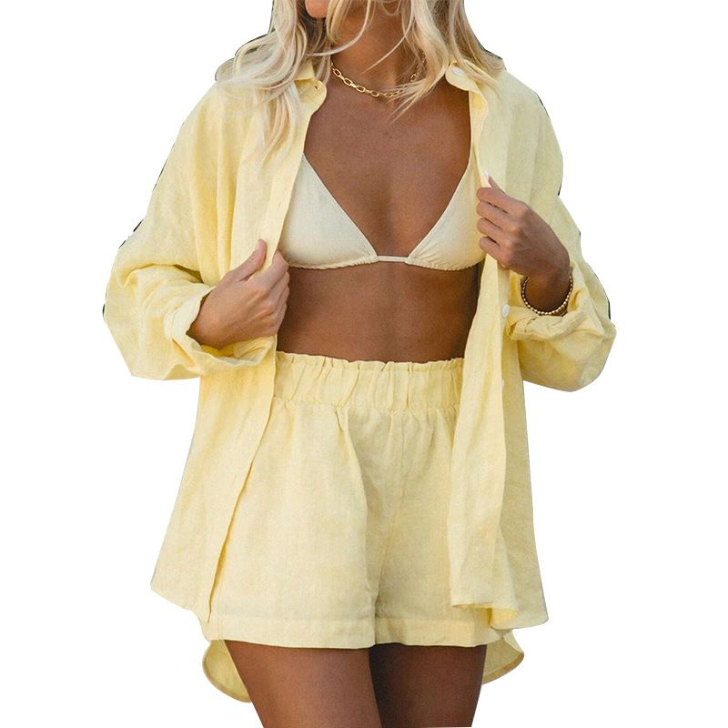 Long Sleeve Shirt And Three-Quarter Shorts Set 2025 Summer Cardigan Two-Piece Women's Outfit_ecoleips.com