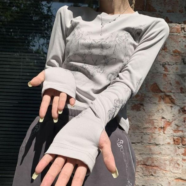 Y2K Women's Printed Long Sleeve T-Shirt round Neck Pullover Casual Fashion Street Style Top European And American Summer Retro_ecoleips.com