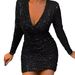 2025 European And American New Women's Sequined Pleated Evening Dress, Long-sleeved V-neck Sexy Nightclub_ecoleips.com