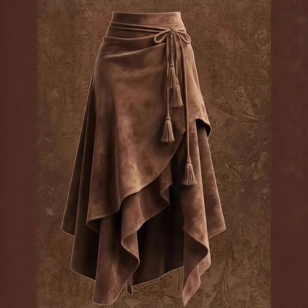 Women's Clothing Brown Suede A-Line Midi Skirt – Asymmetric Wrap Hemline With Tie Waist, Boho Autumn Skirt Stretch-Free Polyester Retro Flare Skirt_ecoleips.com