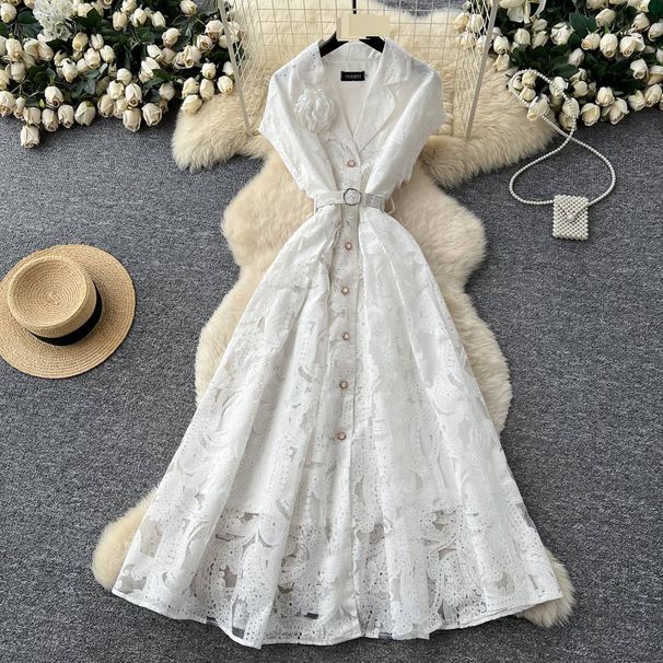 Elegant French Lace Floral Maxi Dress For Women - High Waisted Slim Fit Long Dress With Hollow Out Design_ecoleips.com
