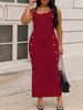 Plus-size Elegant Dress, Solid Color, Slim Fit, Sleeveless, Sexy Low Neckline, Slit, And Button-down Details. Suitable For Everyday Wear, Casual Outings, Dates, And Parties._ecoleips.com