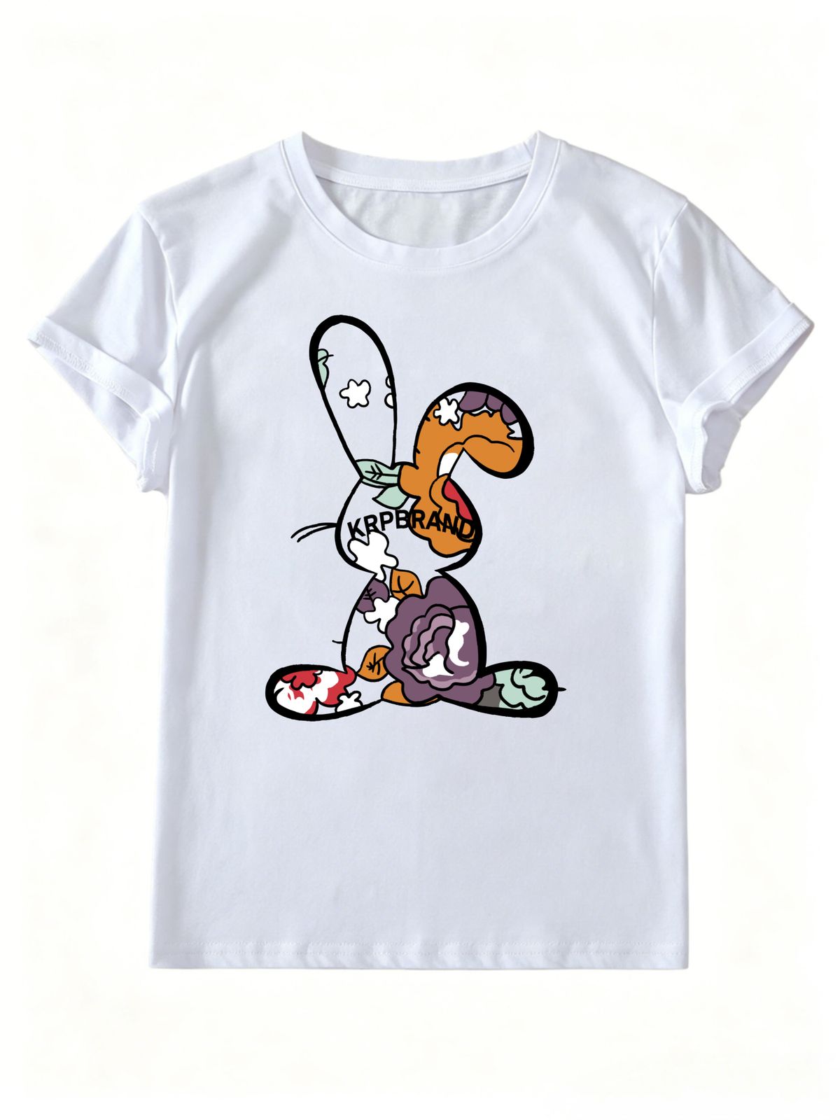 Women Patchwork Floral Graffiti Rabbit KRPBRAND Letter Graphic T Shirt Round Neck Short Sleeve Loose Streetwear Summer Tops_ecoleips.com