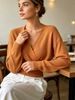 Apricot Orange Deep V Wrap Pit Rib Knit Sweater, Loose Lightweight Breathable Soft Skin-touch Long Sleeve Slim Waist Pullover_ecoleips.com