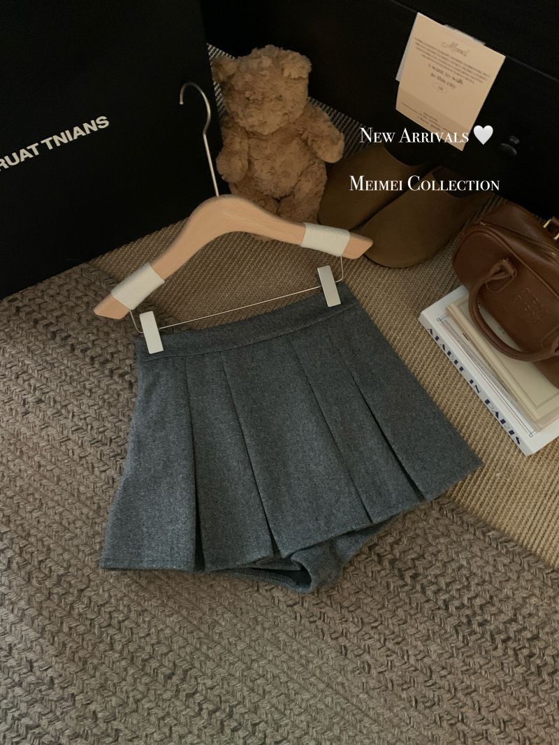 Women's High-Waisted Thick Woolen Midi Skirt Gray Slimming Pleated A-Line Short Skirt for Autumn/Winter 2025 New Style Anti-Exposure_ecoleips.com