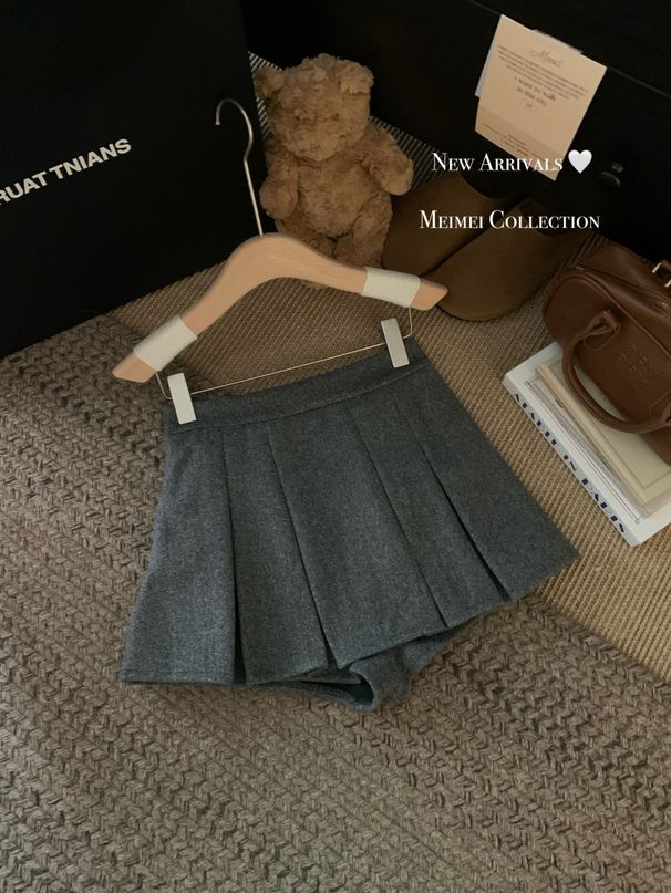 Women's High-Waisted Thick Woolen Midi Skirt Gray Slimming Pleated A-Line Short Skirt for Autumn/Winter 2025 New Style Anti-Exposure_ecoleips.com