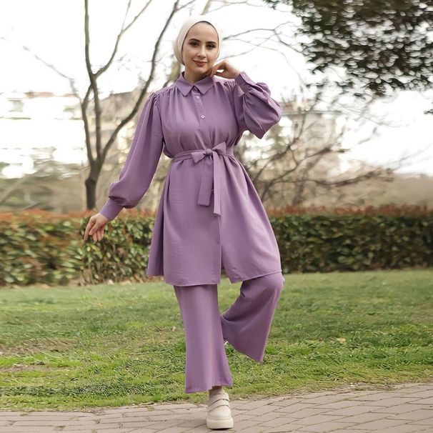 Verve Arabic Muslim Women's Clothing 2025 Autumn Winter New Fashion Long Sleeve Shirt And Pants Set_ecoleips.com