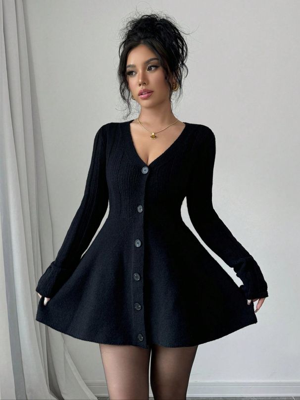 Women's V Neck Long Sleeve Knit Belted A-Line Mini Dress – Slimming Casual Fall Winter Gown_ecoleips.com