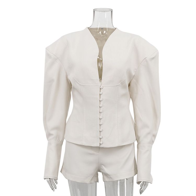 Women's Elegant Fashion Two Piece Set V Neck Long Sleeved Fitted Top And Shorts High End Spring Autumn Commuter Suit_ecoleips.com