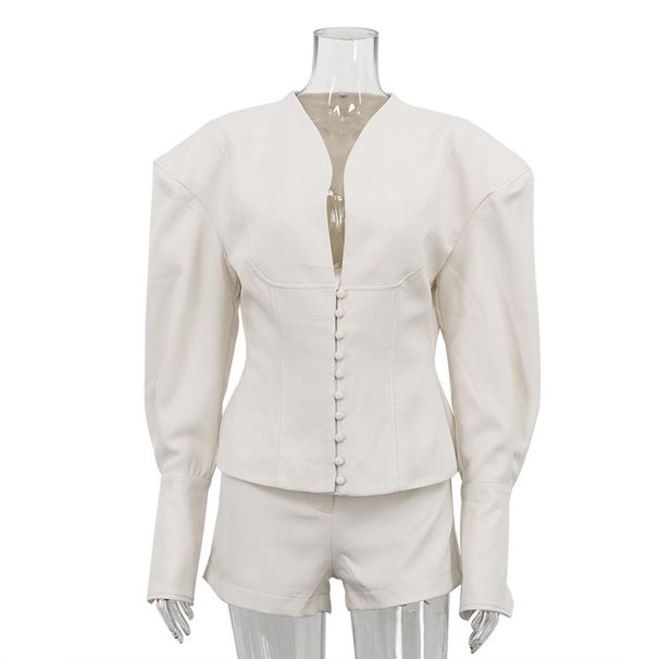 Women's Elegant Fashion Two Piece Set V Neck Long Sleeved Fitted Top And Shorts High End Spring Autumn Commuter Suit_ecoleips.com
