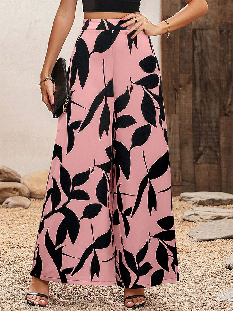 Women's High Waist Wide Leg Chiffon Pants Leaf Print Casual Summer Trousers European American Style Full Length Polyester_ecoleips.com