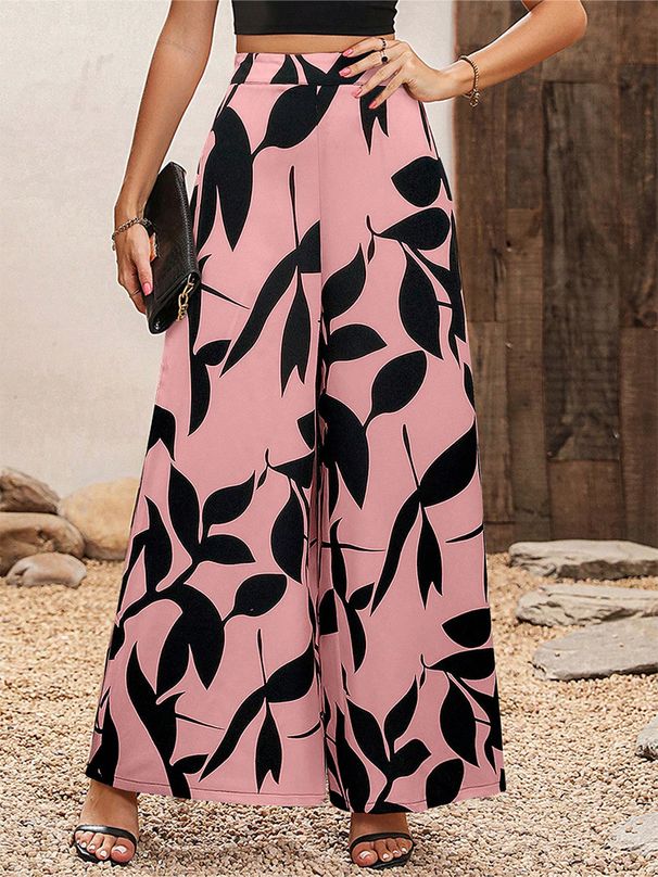 Women's High Waist Wide Leg Chiffon Pants Leaf Print Casual Summer Trousers European American Style Full Length Polyester_ecoleips.com