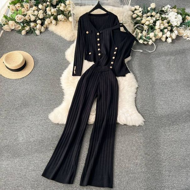 Women's Clothing Metal Buckle Vest Versatile Knitted Cardigan Wide Leg Pants Fashion Three Piece Set_ecoleips.com