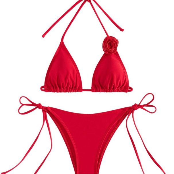 Women's Clothing Sexy Solid Color Three Point Three Dimensional Flower Split Sexy Swimsuit_ecoleips.com