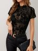 Women's Clothing Style Mesh Rose Flocked Slim Fit Top With Stand Collar Short Sleeve Base Layer For Women For Formal & Casual For Women_ecoleips.com