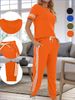 Women's Two Piece Set Round Neck Short Sleeve Loose Fitting Patch Top With Drawstring Cuffs Style Exclusive_ecoleips.com