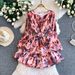 Floral Print Sweetheart Dress for Women with Bow Tie round Neck Flutter Sleeves Waist Tie Ruffled Hem Versatile Design_ecoleips.com