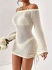 Women Soft Skin-Friendly Breathable Hollow Knit Cover Up Dress Off Shoulder Flare Long Sleeve Loose Drawstring Side Mini Knit Tunic_ecoleips.com