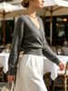 Dark Grey Deep V Wrap Pit Rib Knit Sweater, Loose Lightweight Breathable Soft Skin-touch Long Sleeve Slim Waist Pullover_ecoleips.com