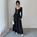 Elegant Black Midi Dress for Women Square Neck Long Sleeve A-Line Flowy Office Wear Daily Casual Dress_ecoleips.com