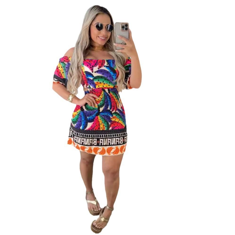 Women's Clothing Printed Waist Length Backless Lantern Sleeves With One Shoulder Two Way Dress_ecoleips.com