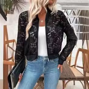 Aria Basics 2025 Autumn Winter New Elegant Women's Jacquard Lace Sheer Zipper Short Jacket Coat_ecoleips.com