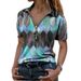 Plus-Size Women's Clothing T-Shirt, Summer Short-Sleeved Zipper V-Neck Contrasting Color Printed Base Layer Top_ecoleips.com