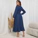 Plus Size Denim Maxi Dress With V-Neck & Tie-Waist, Long Sleeve Bodycon Dress With Asymmetrical Hem For Women_ecoleips.com