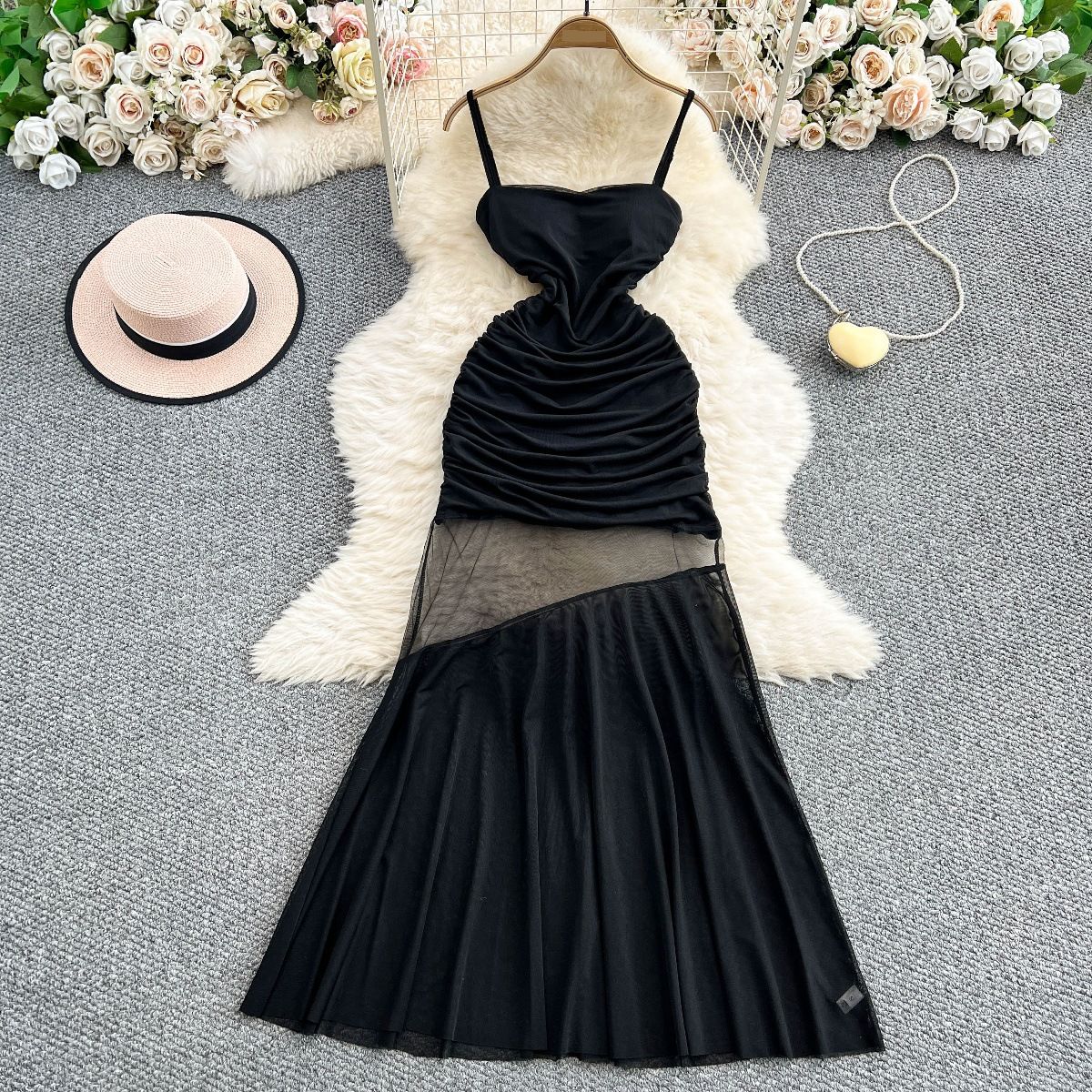 Women's Clothing Seaside Holiday Style Sexy Mesh Splicing Suspender Dress Pleated Waist Slim Drape Long Skirt_ecoleips.com