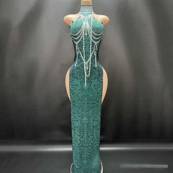 Women's Clothing Dark Green White Temperament Improved Version Cheongsam Sexy High Slit Company Annual Meeting Host Evening Dress Concert_ecoleips.com