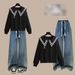 Navy Blue Denim Set: Oversized Hoodie With Sailor Collar & High-Waisted Wide-Leg Jeans For Autumn_ecoleips.com