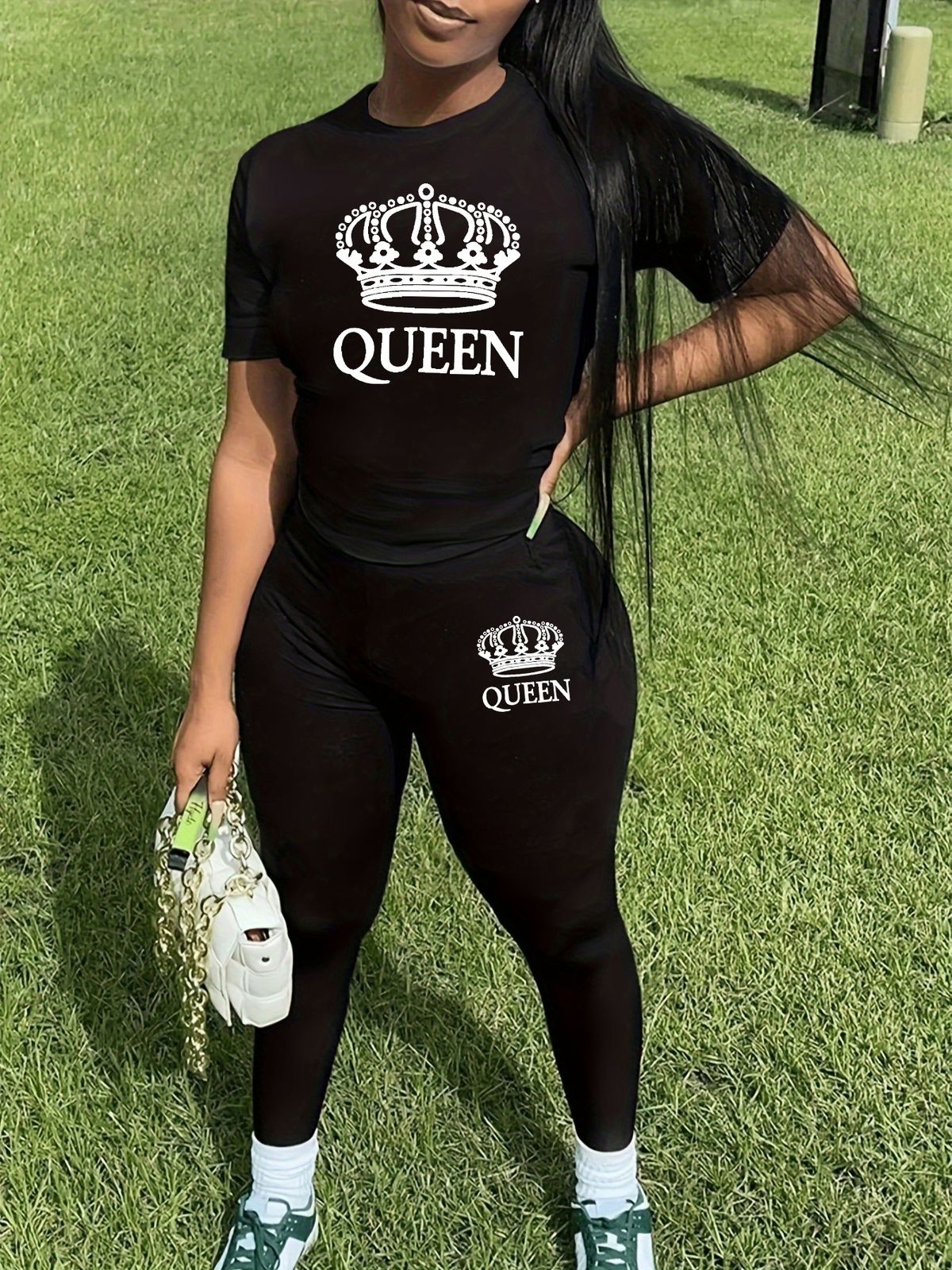 Women's Casual Fashion QUEEN Letter Pattern Printed Loose T-shirt+cropped Pants Two-piece Home Sportswear Daily Wear-404_ecoleips.com
