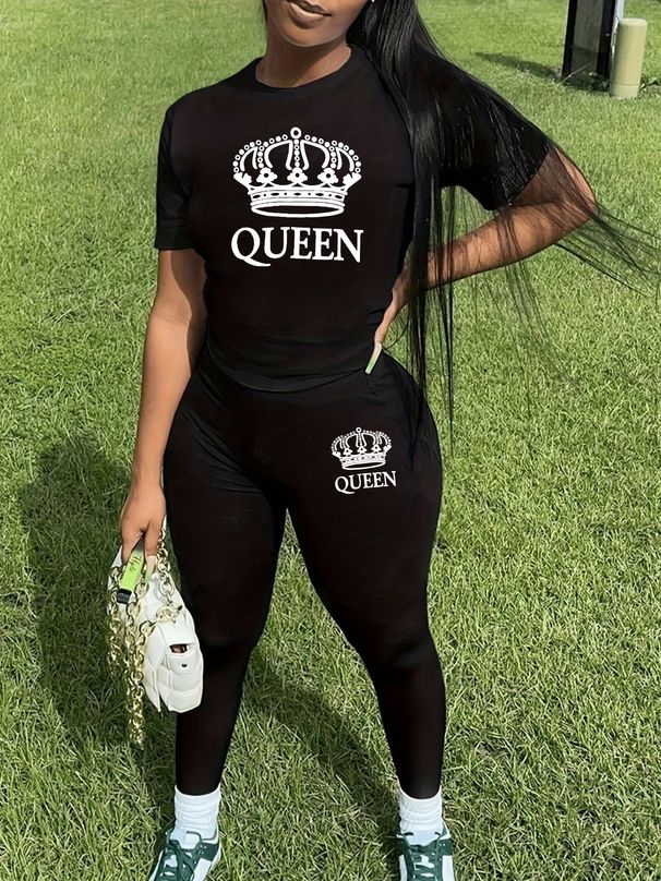 Women's Casual Fashion QUEEN Letter Pattern Printed Loose T-shirt+cropped Pants Two-piece Home Sportswear Daily Wear-404_ecoleips.com