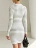 Lightweight Airy Ribbed V Neck Polo Striped Long Sleeve Knit Dress_ecoleips.com