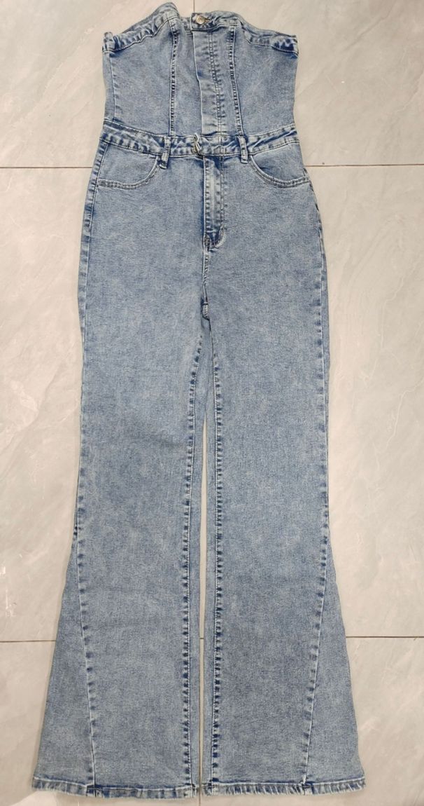Vintage Denim Jumpsuit For Women - High-Waisted Flared Romper With Stretch, Off-Shoulder Boob Tube Design_ecoleips.com