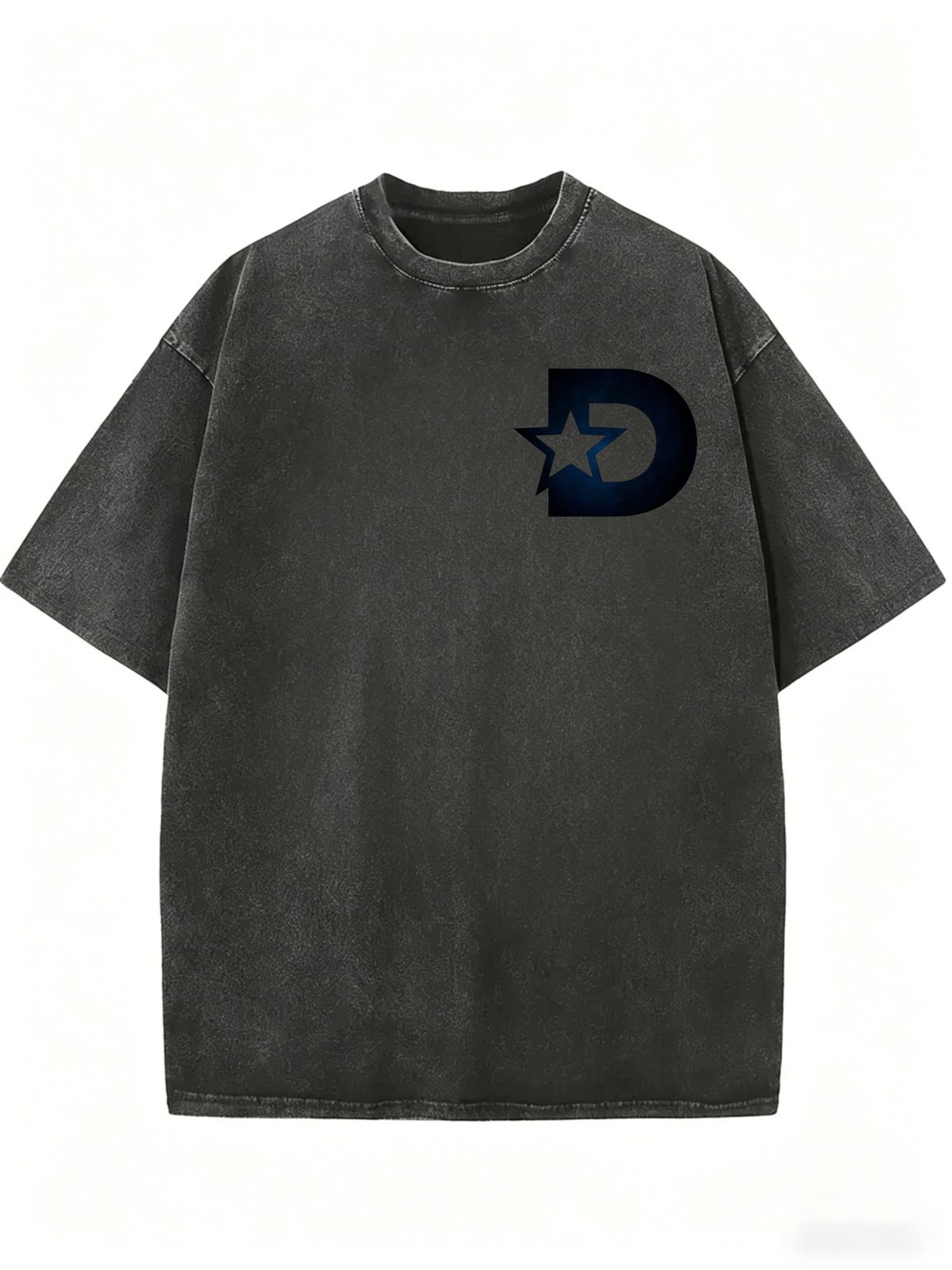 Washed Distressed Oversized Women T-Shirt Gradient Blue Star D Initial Chest Print Loose Fit Short Sleeve Daily Casual Basic Tee_ecoleips.com