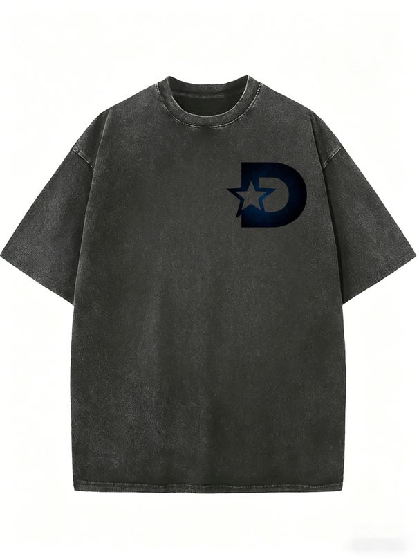 Washed Distressed Oversized Women T-Shirt Gradient Blue Star D Initial Chest Print Loose Fit Short Sleeve Daily Casual Basic Tee_ecoleips.com