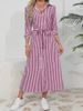 Elegant Temperament Striped Lapel Short Sleeve Dress Women Summer New Style Waist Temperament All Match A Line Skirt_ecoleips.com