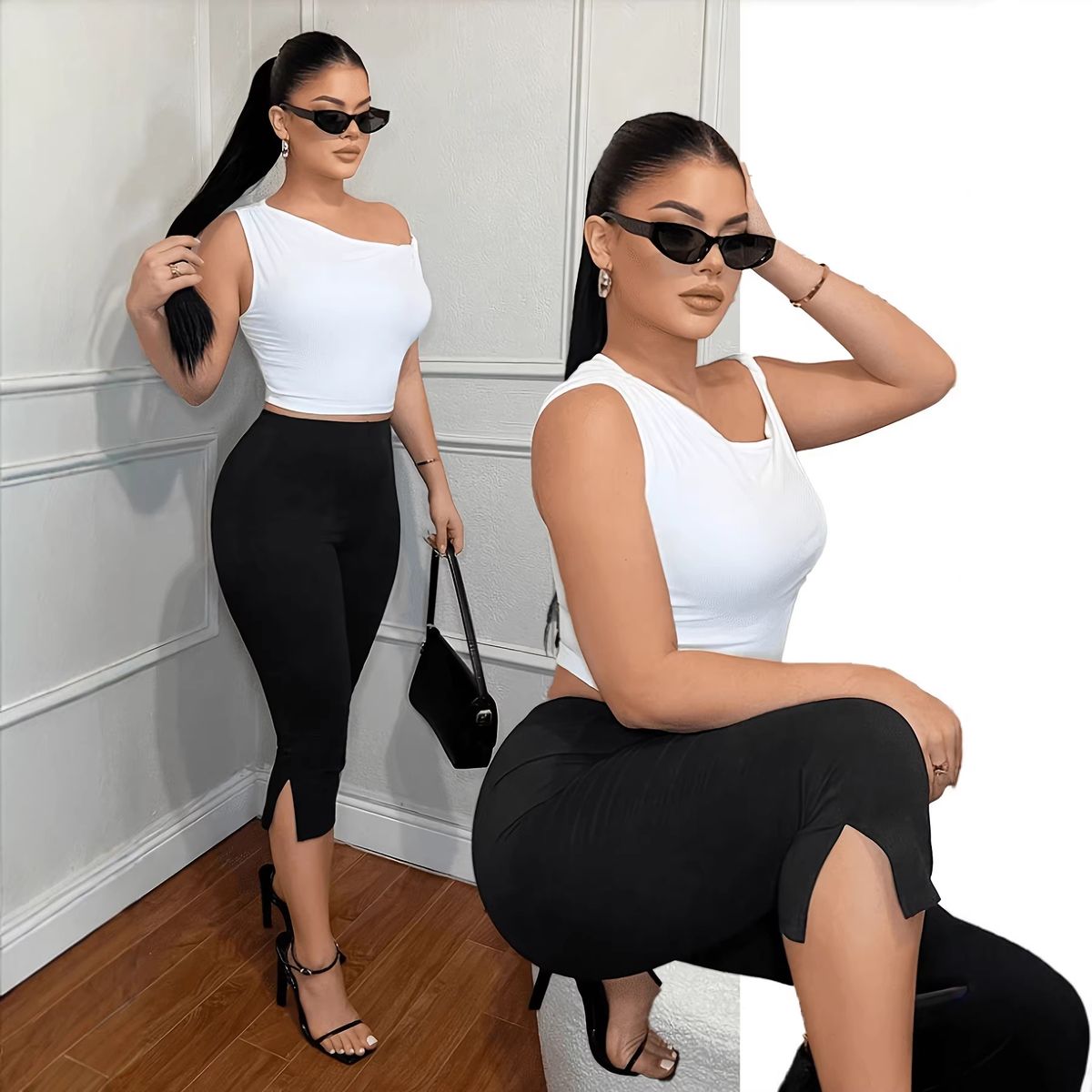 Women's Stretchy Ankle-Length Leggings With Side Slits, High-Waisted Tummy Control Casual Pants For Everyday Wear_ecoleips.com