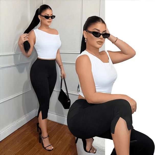 Women's Stretchy Ankle-Length Leggings With Side Slits, High-Waisted Tummy Control Casual Pants For Everyday Wear_ecoleips.com