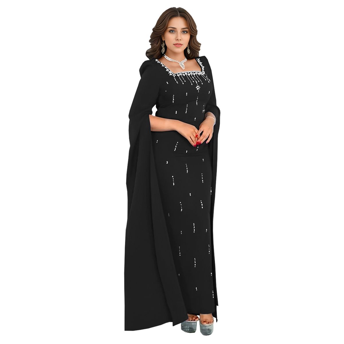 Fashion Women's Clothing Back Slit Cape Sleeve Hot Diamond Elegant Dress_ecoleips.com