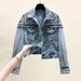 Women's Cropped Denim Jacket With Pearl & Rhinestone Embellishment, Fringe Trim, Long Sleeve Jean Coat For Party, Casual Daily Wear_ecoleips.com