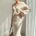 Women's Clothing elegant V-neck linen pattern knitted cardigan sweater + high waist sheath skirt_ecoleips.com