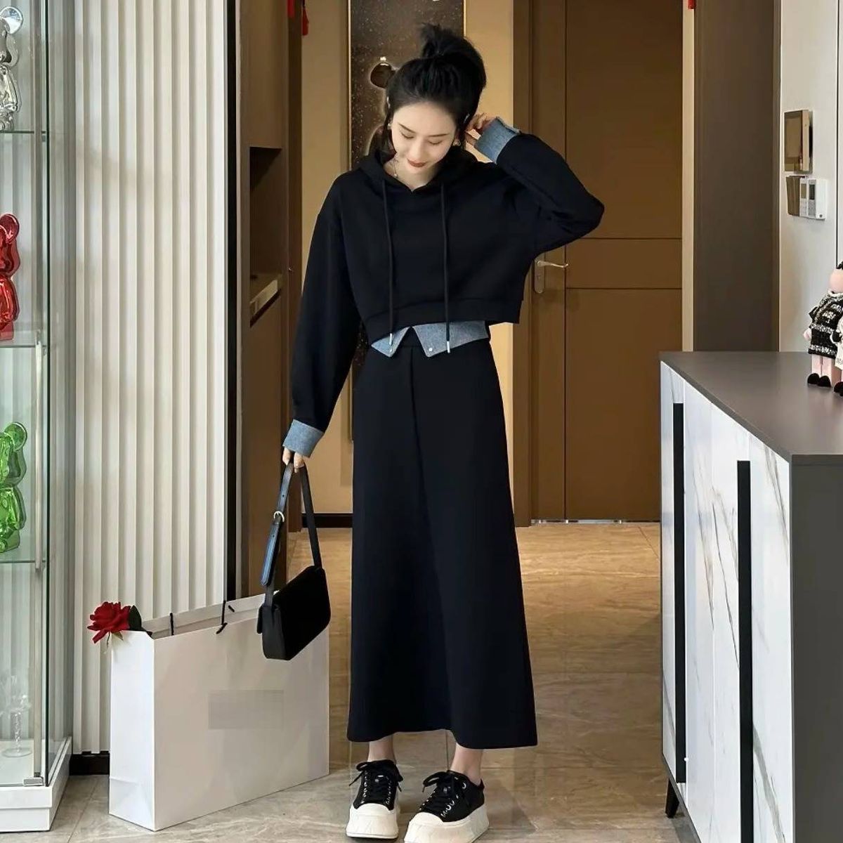 Plus Size Women's Autumn Sweatshirt & Skirt Set - Stylish, Slimming, Youthful Outfit For Curvy Ladies (M-5xl, Green/Black)_ecoleips.com